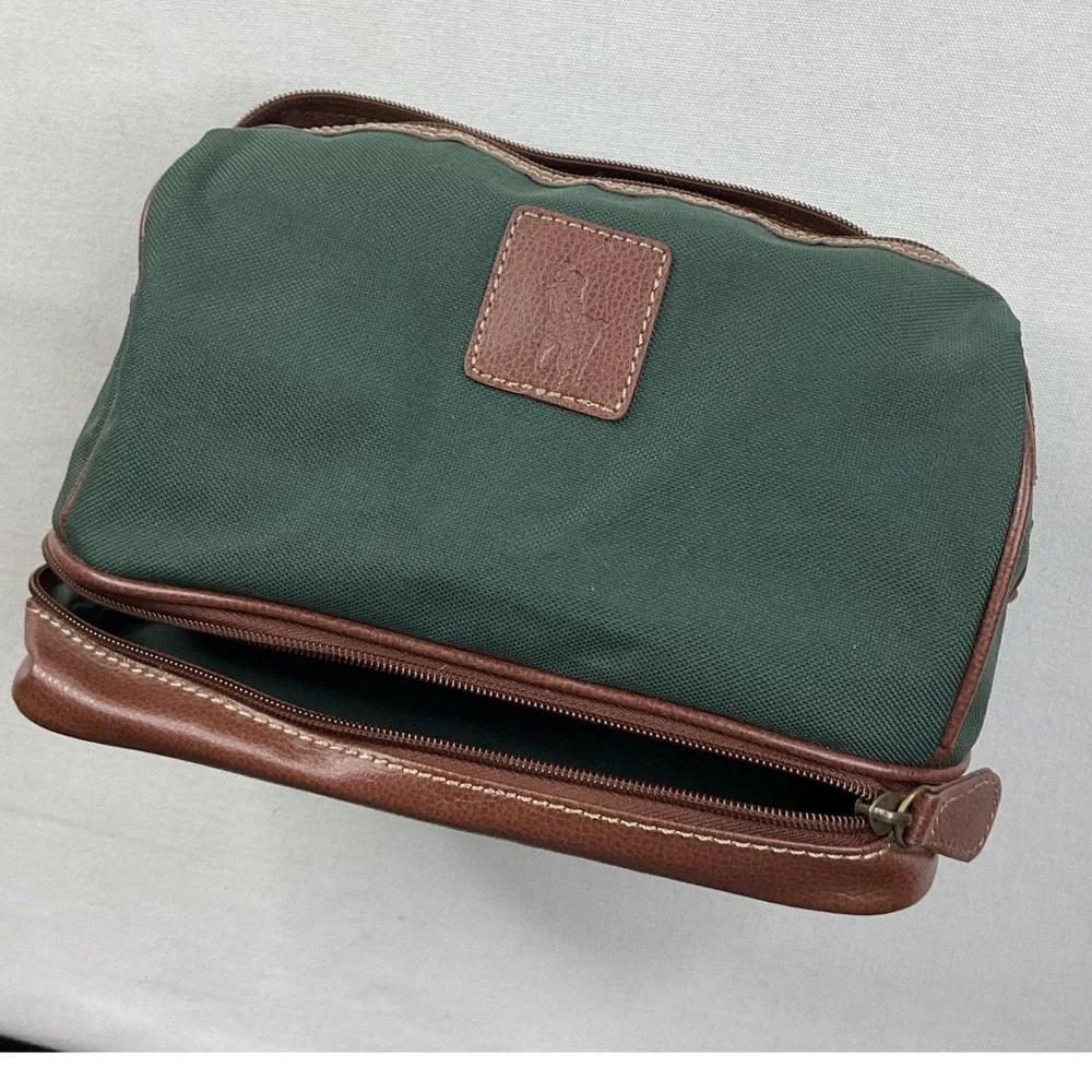 VTG Polo Ralph Lauren Toiletry Bag Fragrances Green Canvas Brown Trim Dopp